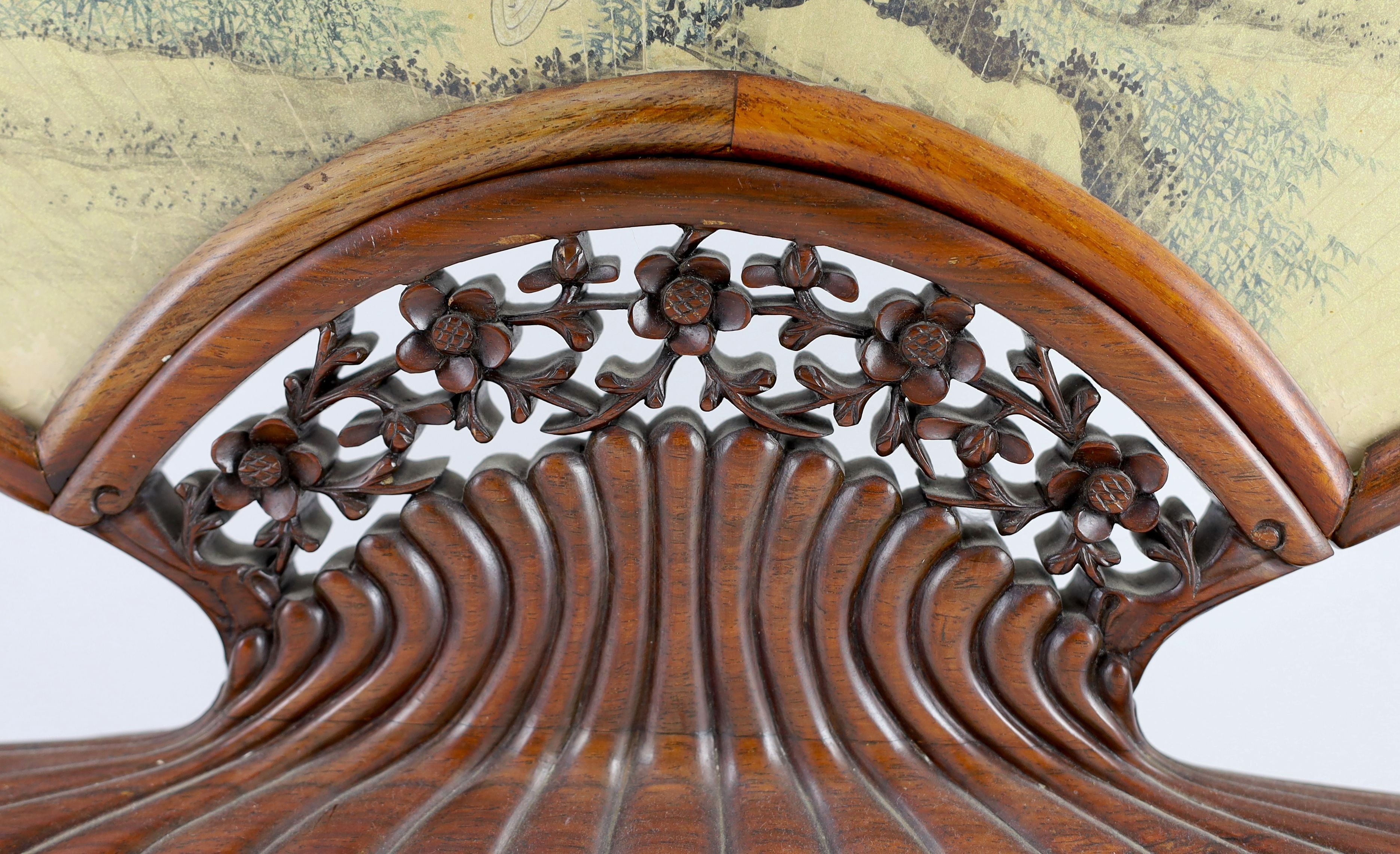 A Chinese painted and inscribed gilt paper fan leaf, 19th century, Total width 56 cm, minor damage